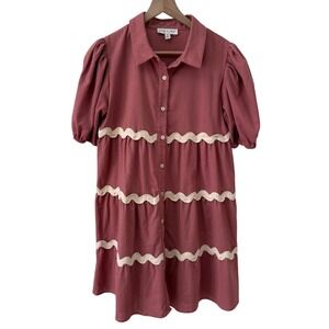 She + Sky Mini Dress Medium Pink Ric-Rac Tiered Puff Sleeve Linen Blend